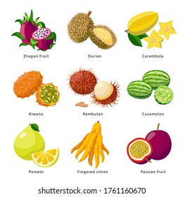 Exotic fruits - icon set, vector detailed illustrations isolated on white background. Juicy beautiful pitaya, durian, carambola, kiwano, rambutan, cucamelon, pomelo, fingered citron, passion fruit.