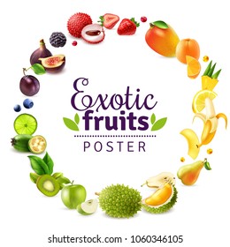 Exotic fruits including durian, lychee, fig, mango, pineapple, round rainbow frame on white background vector illustration 