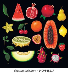 Exotic fruits isolated. Orange, papaya, dragon fruit. watermelon, strawberry and other.