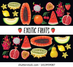 Exotic fruits isolated. Orange, papaya, dragon fruit. watermelon, strawberry and other