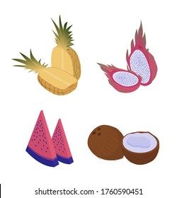 Exotic fruits isometric set. Ripe organic yellow pineapple red ripe juicy dragon pitaya fruit slices with watermelon seeds brown white pulp coconut delicious natural veggie vector diet.