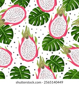 Exotic fruits and leaves seamless pattern. Tropical background with pitahaya and monstera leaves. Excellent pattern for fabric, wallpaper and other design. White background.