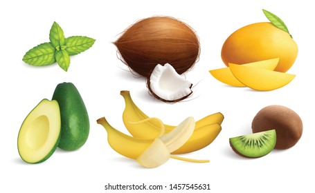 Exotic fruits mint realistic set with isolated images of solid ripe fruits and slices with shadows vector illustration