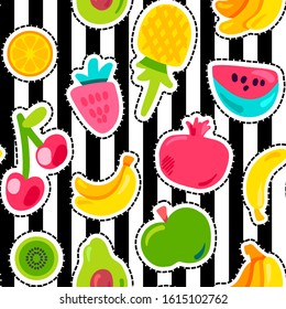 Exotic fruits on stripes seamless pattern. Summer fruit, cherry on black and white striped backdrop