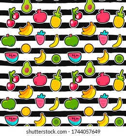 Exotic fruits on stripes seamless pattern. Summer fruit, cherry on black and white striped backdrop