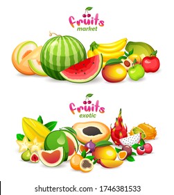 Exotic fruits on white background, fruit market store logo and banner, vector illustration