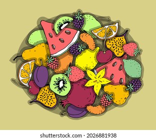 Exotic fruits oval composition. Cartoon hand drawing colored sketch. Healthy organic vegan diet ration market. Kiwi pear strawberry figs vector illustration