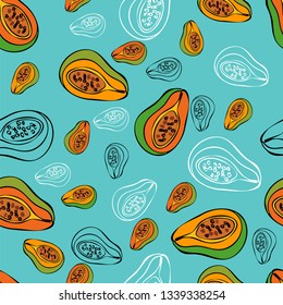 Exotic fruits. Papaya pattern. All elements are isolated. Sketchy style illustration for menu, postcard, flyer, cafe.