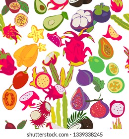 Exotic fruits pattern. All elements are isolated. Sketchy style illustration for menu, postcard, flyer, cafe.