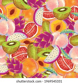 Exotic Fruits Pattern, Grapefruits, Drangon Fruits, Peach, Kiwi, Vegan Food Pattern, Juicy Fruits Pattern