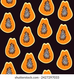Exotic fruits pattern. Papaya background. Tropical seamless pattern with papaya fruits. Background with orange pawpaw. Exotic fruit backdrop for textile, digital paper, fabric, prints, decoration. 