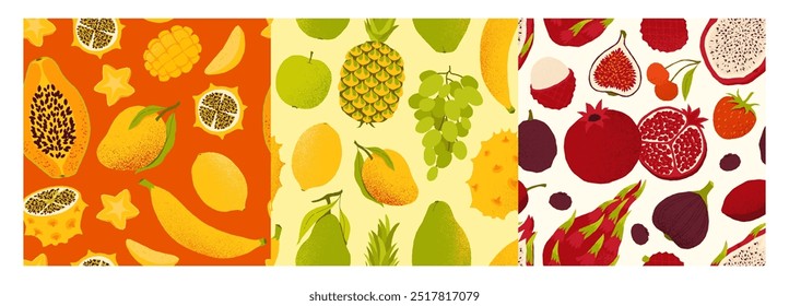 Exotic fruits pattern. Seamless print of tropical sweet organic fruits, banana pineapple mango citrus, cartoon apple cherry pomegranate. Vector texture.