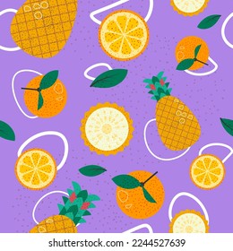 Exotic fruits, pineapples and oranges with leaves. Organic and natural meal for balanced nourishment and dieting, shop or store. Background or print, seamless pattern or print. Vector in flat style