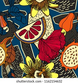 Exotic fruits and plants in bright colours. Seamless pattern.