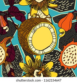 Exotic fruits and plants in bright colours. Seamless pattern.