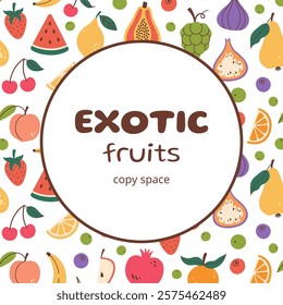 Exotic fruits round frame in doodle style. Circular copy space with fruits pattern background. Hand drawn Fruits circle border. Circular copy space template. Vector illustration isolated on white.