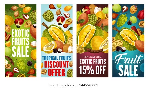 Exotic fruits sale vector banners with discount price offers of Asian tropical berries. Thai durian, pomelo and kumquat, quince, tamarind and salak, morinda, sweetsop and santol, ackee and jabuticaba