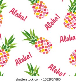 Exotic fruits. Seamless background with pineapples. Colorful pineapples vector illustration. Vector seamless pattern with colorful pineapples and the words "Aloha"