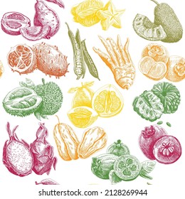 Exotic fruits seamless colorful pattern. Sketchy vector hand-drawn illustrations.