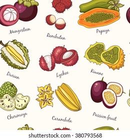Exotic Fruits Seamless Pattern. Collection of berries.  Vector illustration of berries for design menus, recipes and packages product.