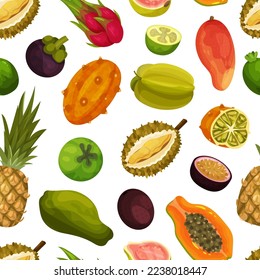 Frutas exóticas Diseño de patrón sin problemas con plantilla vectorial de comida tropical madura y jugosa