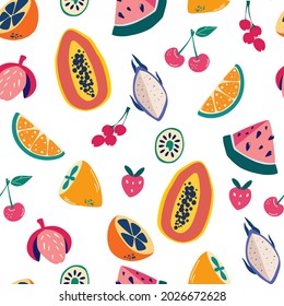 Exotic Fruits seamless pattern. Hand draw colorful fruit mix. Summer vibes.  Modern exotic design for paper, cover, fabric, interior decor. Vector texture for textile, wrapping paper, packaging etc.