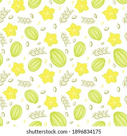 Exotic fruits seamless pattern in hand-drawn style. Vector repeat background for colorful summer fabric. Colorful vector wallpaper. Decorative illustration, good for printing.