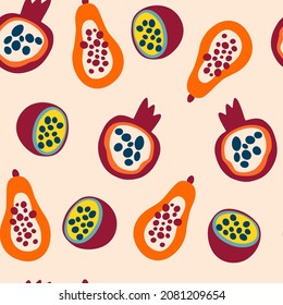 Exotic fruits seamless pattern. Papaya, Pomegranate and Passion fruit. Modern abstract design for paper, cover, fabric, interior decor. Cartoon style. Vector illustration.