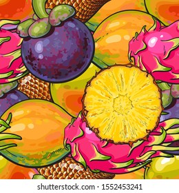 Exotic fruits seamless pattern or repeatable background sketch colorful vector illustration. Hawaiian and tropical nature summer texture for textile prints and food package.