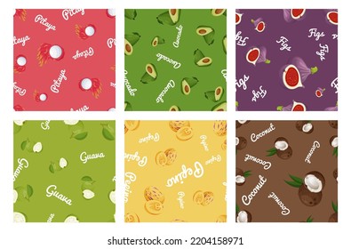 Exotic fruits seamless pattern set vector isometric illustration. Tropical delicious edible plant wallpaper textile design pitaya avocado figs guava coconut pegino natural sweet food decorative print