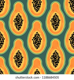 Exotic fruits seamless pattern. Slice of papaya with black seeds on dark green background.