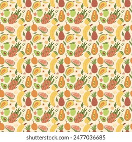 Exotic fruits seamless pattern. Tropical sweet cut and whole fruit food repeat background. Vector hand drawn flat illustration.