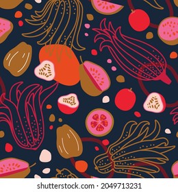 Exotic fruits seamless pattern. Vector illustration on a dark background for textile, fabric, wallpaper