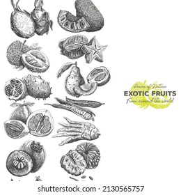 Exotic fruits seamless pattern vertical. Sketchy vector hand-drawn background.