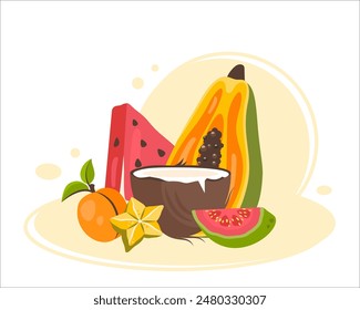 Exotic fruits. Set of organic vitamins. Fresh Tropical fruits in peel, half, slices. Fruit clipart. Organic healthy food. Watermelon, guava, papaya, coconut. Natural snack. Vector flat illustration