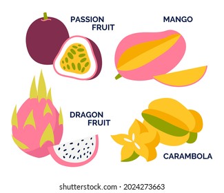 Exotische Früchte Set. Tropische Obstsammlung. Passionsfrucht, Mango, Drachenfrucht, Carambola. Vektorgrafik einzeln