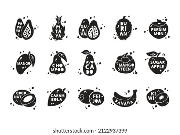 Exotic fruits, silhouette stickers set. Papaya, pitaya, guava, durian, coconut, feijoa, banana, kiwi, carambola. Black hand drawn icons with lettering inside and abstract spots