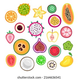 Exotic fruits slices set isolated on white background. Lychee, passion fruit, feijoa, longan, papaya, guava, fig, mango, pitaya, dragon fruit. Cartoon flat vector illustration