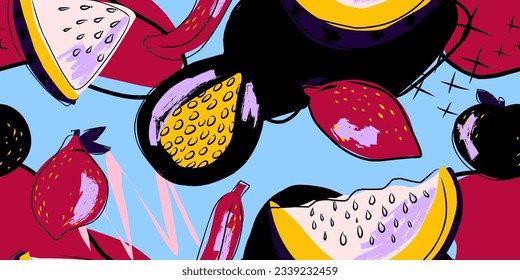 Exotic fruits, stylized tropical fruits in flat style. Vector seamless pattern for design, print.