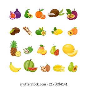 Exotic fruits. Summer vitamin food. Tropical mango and jackfruit. Flat pineapple. Isolated carambola or banana. Vegan meal. Fig and pitaya. Ripe watermelon. Vector cartoon superfood set