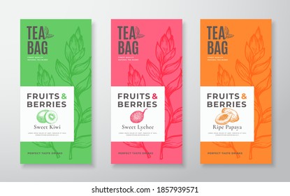 Exotic Fruits Tea Labels Set. Abstract Vector Packaging Design Layouts Bundle. Modern Typography, Hand Drawn Tea Leaves, Kiwi, Lychee and Papaya Silhouettes Background. Beverage Banners. Isolated.