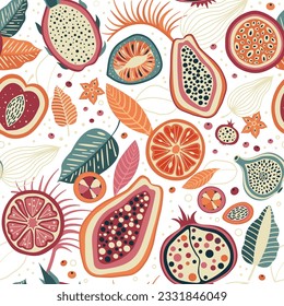 Exotic fruits and tropical leaves pattern in bright vintage colors. Summer fruit slices repeating design. Retro ornament with papaya, pomegranate, fig, citrus and pitaya seamless background.