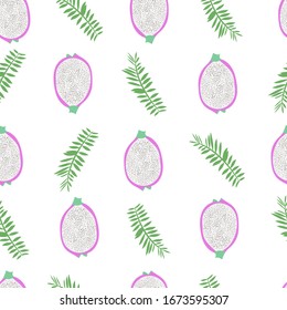 Exotic fruits and tropical leaves seamless pattern. Pitaya and palm leaves on a white background.