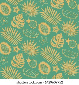 Exotic fruits and tropical leaves vector seamless pattern. Autumn harvest fruit garden wallpaper.