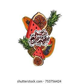 Exotic fruits vector composition.  Hand drawn lettering - " Fruit blast "Typography design elements for prints, cards, posters, products packaging, branding.