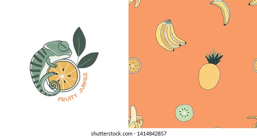 Exotic fruits vector pattern. Chameleon hand drawn illustration. Tropical food. Fruity jungle word concept banner. Decorative pineapple textile, wrapping paper, animal t-shirt print design