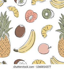 Exotic fruits vector pattern. Fruits texture isolated on white background. Pineapple, apricot, banana, kiwi seamless texture
