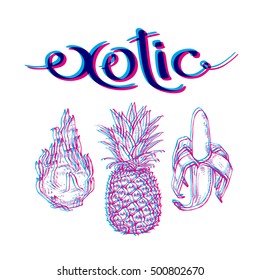 exotic fruits and vegetables inscription. Dragonfrut, pineapple, banana. The linear graphic, elements for your design.