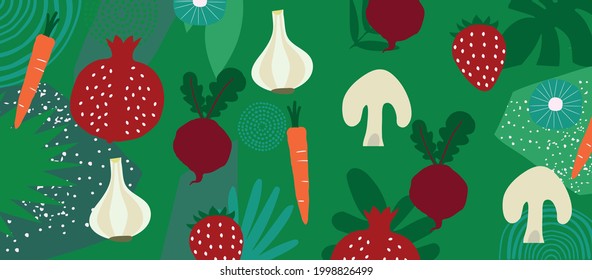 Cartel de frutas y verduras exóticas. Diseño tropical de verano con fresa, granada, ajo, zanahoria, remolacha, hongos coloridos. Dieta saludable, ilustración vectorial de fondo de comida vegetariana