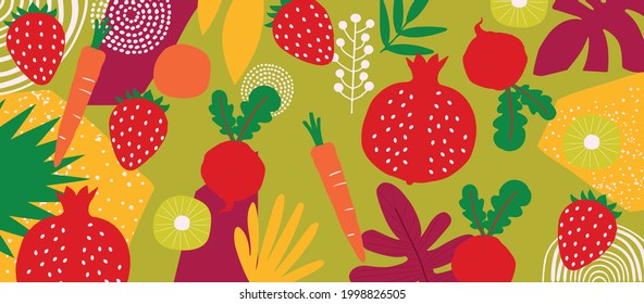 Exotic fruits and vegetables poster. Summer tropical design with strawberry, pomegranate, kiwi, carrot, beetroot colorful mix. Healthy diet, vegan food background vector illustration